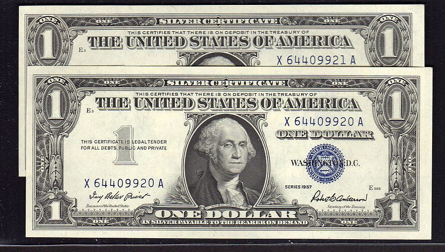 Fr.1619, 1957 $1 Silver Certificate, X-A Block, Gem CU Consecutive Pair